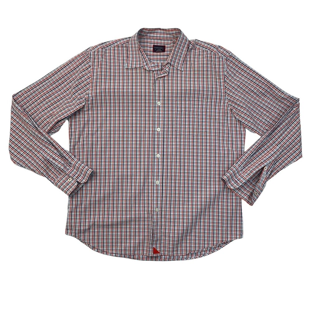 Untuckit Shirt Mens L Large Navy Red Plaid Long Sleeve Cotton Chest Pocket